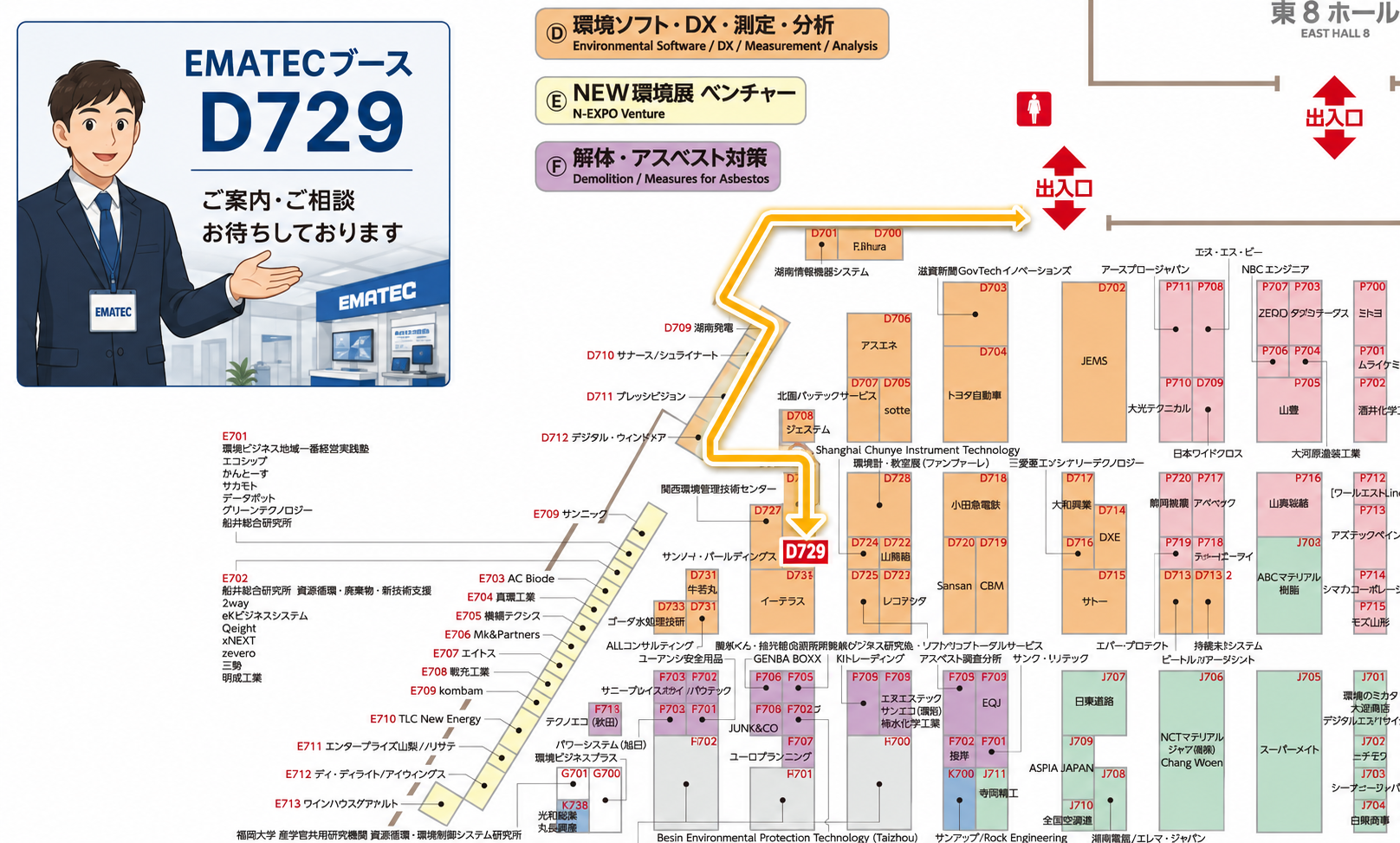 2026NEW環境展 会場図。EMATECブース位置 東7ホール D729を示した図